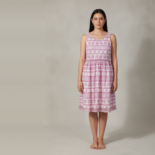 [0034020] Vestido sin manga rosa y blanca Floral talle 12 corto con diseños de florcitas rosas