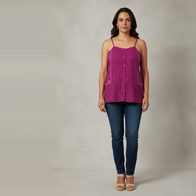 [0034021] Blusa sin manga morada Texturizado talle 12 Con diseños de encaje y 6 botones