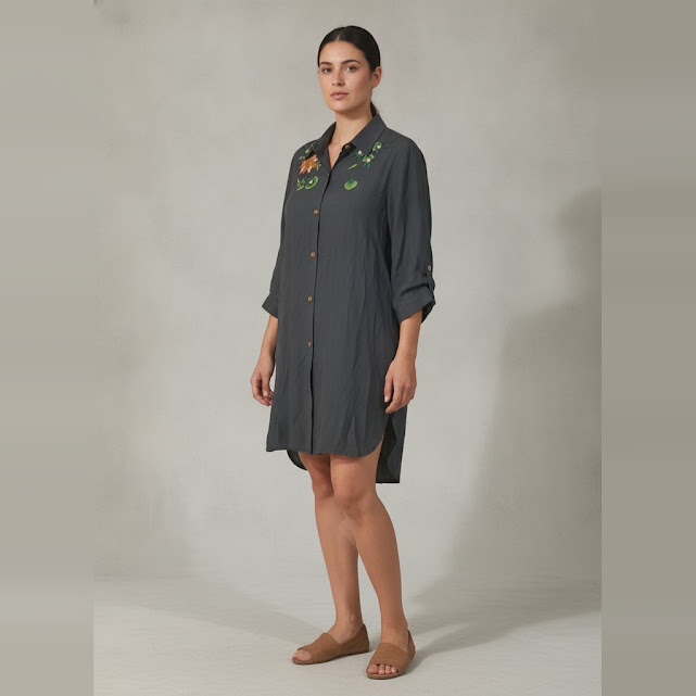 [0034022] Camisa Berdespina manga 3/4 negro Floral talle G Con diseños de flores verdes en el cuello