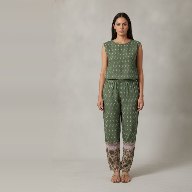 [0034024] Pantalón larga verde con estampado talle M Con puntos claros y diseños abajo