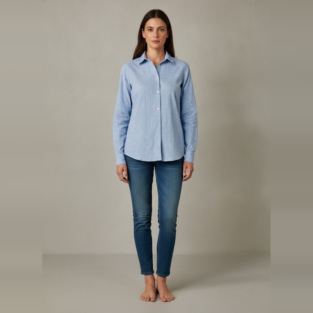 [0034034] Camisa Sfera con manga celeste Moteado talle 6 con puntitos negros y rojos con botones blancos rayada en celeste y blanco