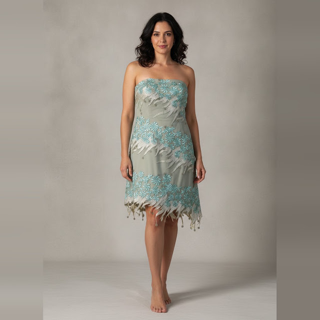 [0034041] Vestido corta celeste y beige bordado talle P Sin manga con bordados de flores y brillos plateados