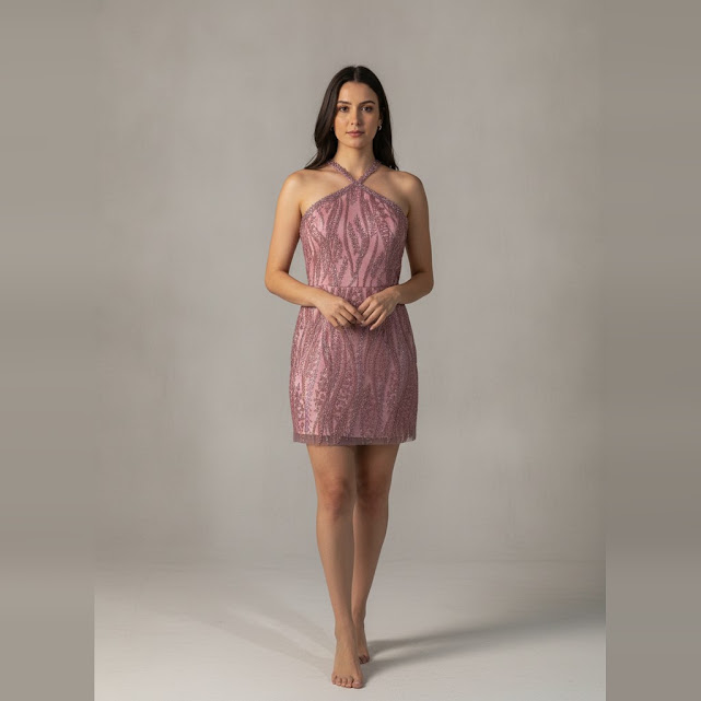 [0034042] Vestido corta rosa Brilloso talle P Con tiras y cierre detras Semi nuevo