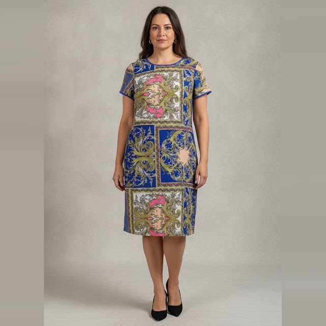 [0034044] Vestido con manga azul con estampado talle 44 Practory estampado en amarillo beige y rosa