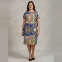 Vestido con manga azul con estampado talle 44 Practory estampado en amarillo beige y rosa