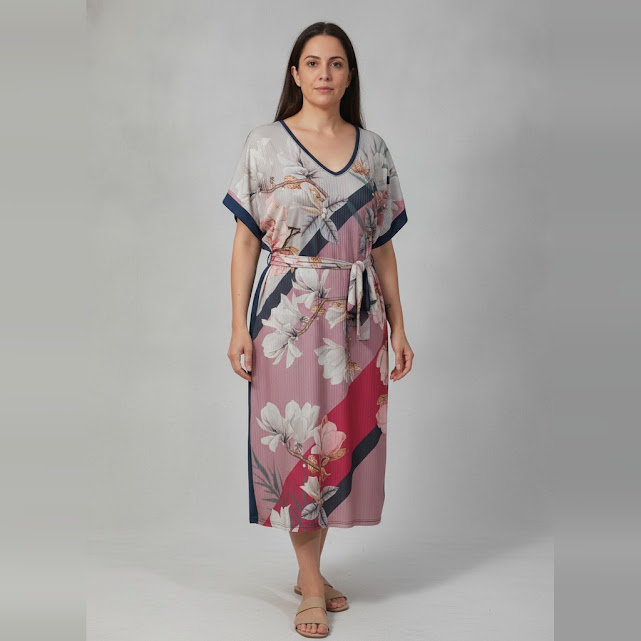[0034007] Vestido con manga con estampado talle M Tipo camison con cinto estampado de flores