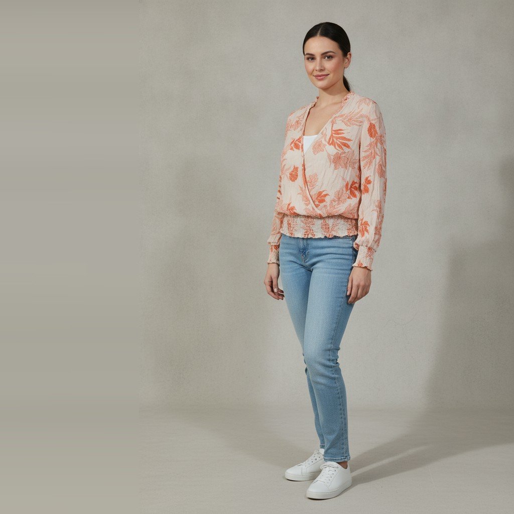 [4999] Blusa Guess manga larga Salmón y beige Estampada talle L escote v