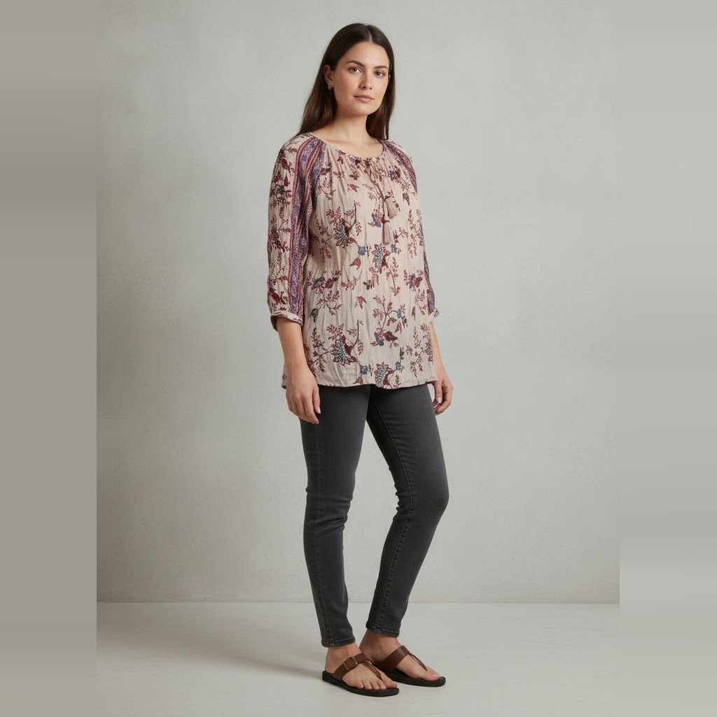 [5001] Blusa Lucky Brand manga larga rosa y bordó Estampada talle M tipo hindu