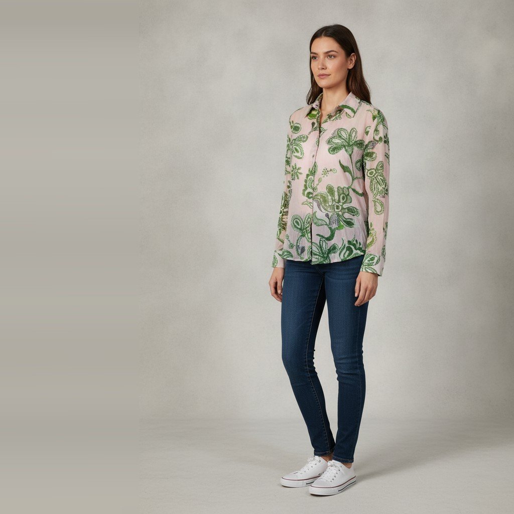 [5006] Camisa India Style manga larga rosa y verde Estampada talle M semitrasparente