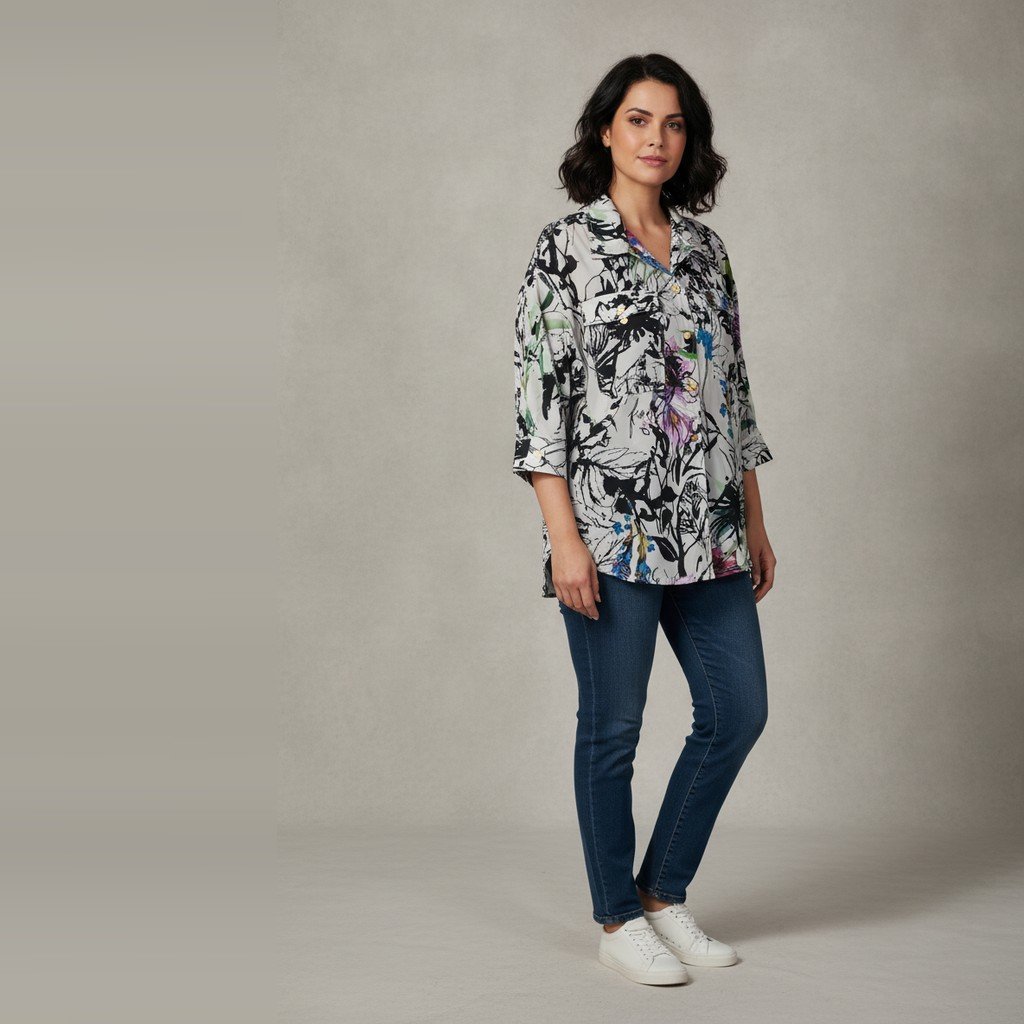 [5009] Camisa Alberto Makali Manga 3/4 blanco y negro Estampada talle M botones dorados