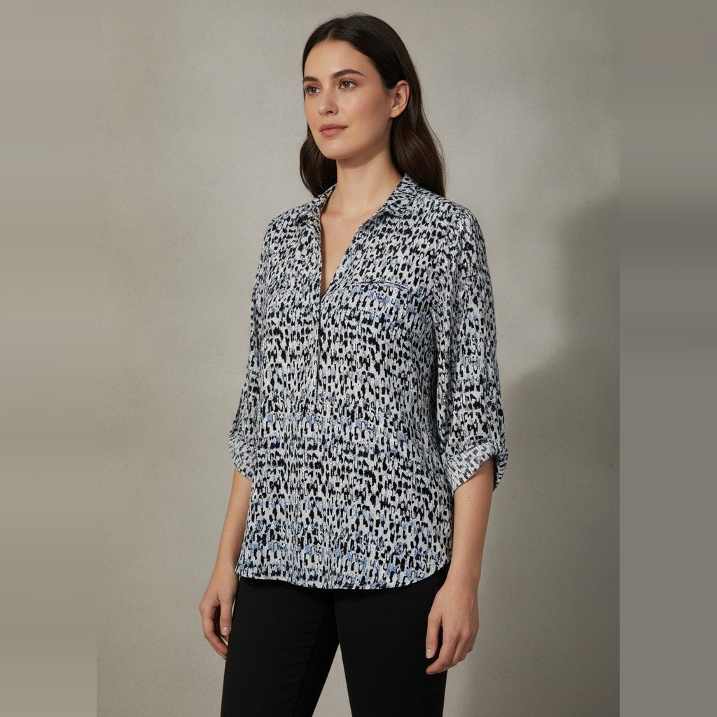 [5011] Blusa JM collection Manga 3/4 blanco y negro Estampada talle S con lila