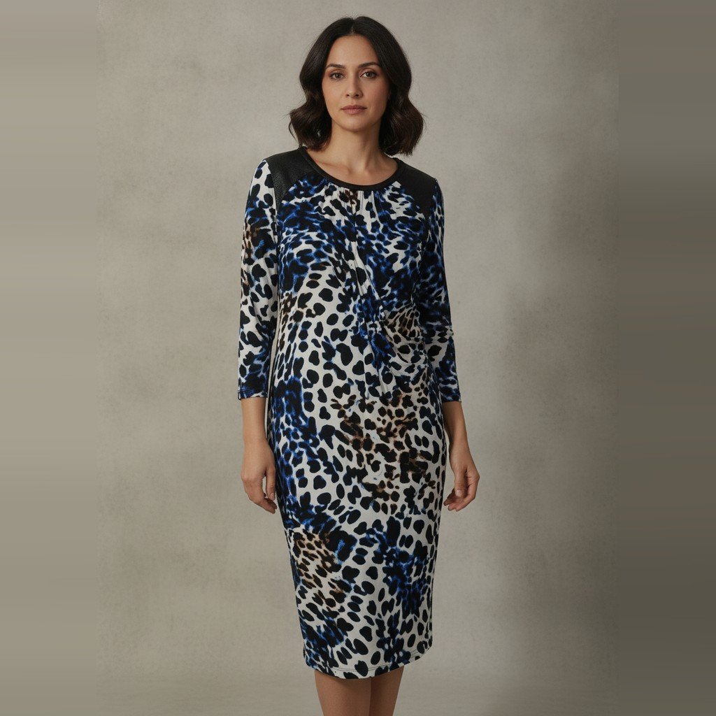 [5012] Vestido Calvin Klein Manga 3/4 blanco y azul Estampada talle L animal print con negro
