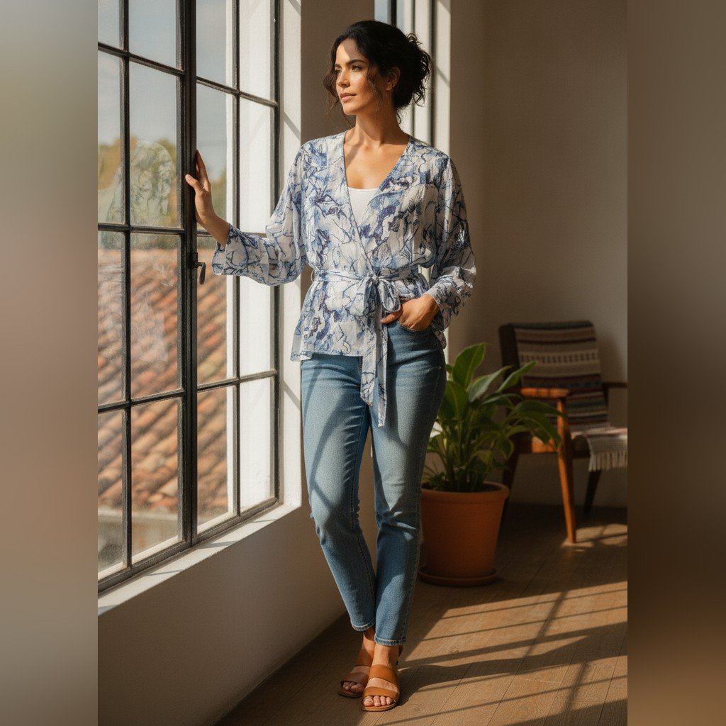 [5013] Blusa Tufi Duek manga larga blanco y celeste Estampada talle G cruzado con cinto