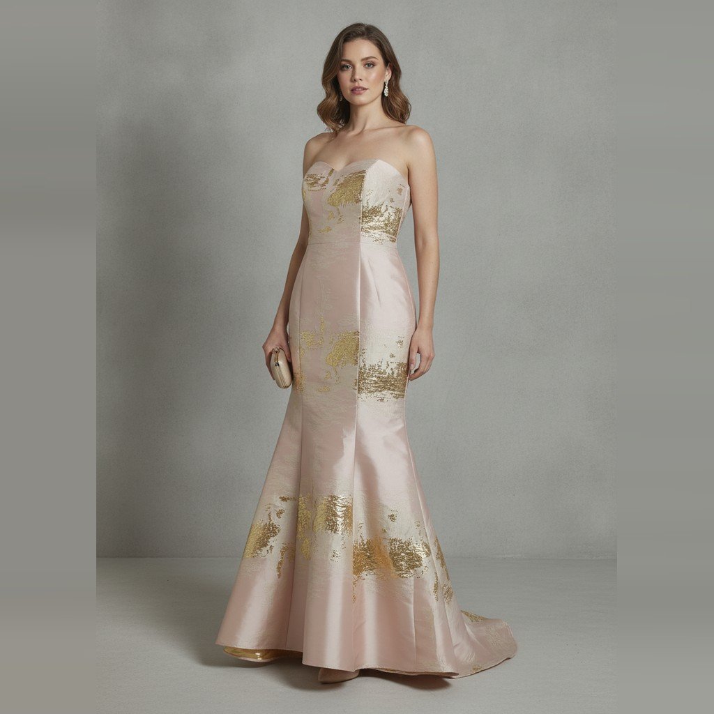 [5014] Vestido Sin marca Sin manga rosa y beige Strapless talle G de fiesta