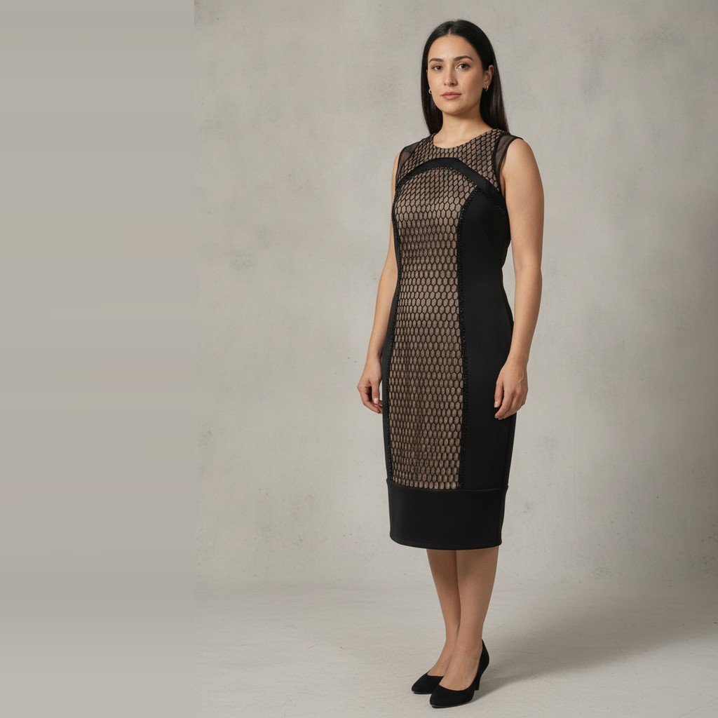 [5015] Vestido Alberto Makali Sin manga negro y beige talle G midi