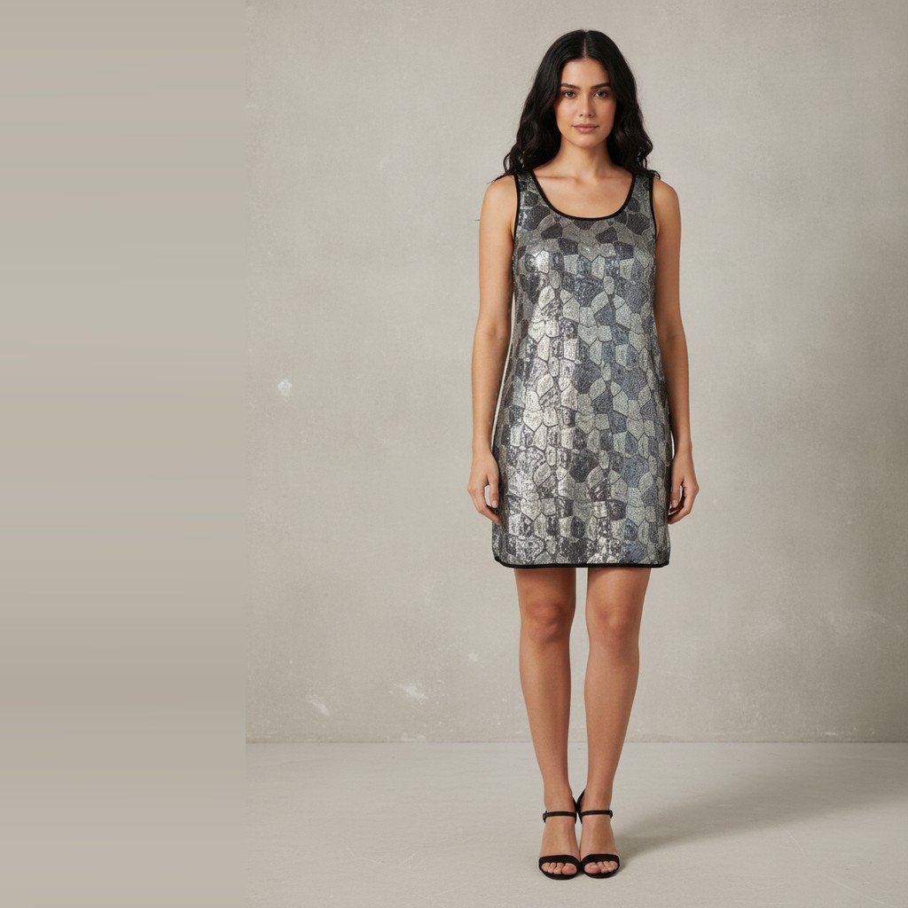 [5018] Vestido Romeo y Julieta Sin manga plateado Bordado talle M de lentejuelas corto