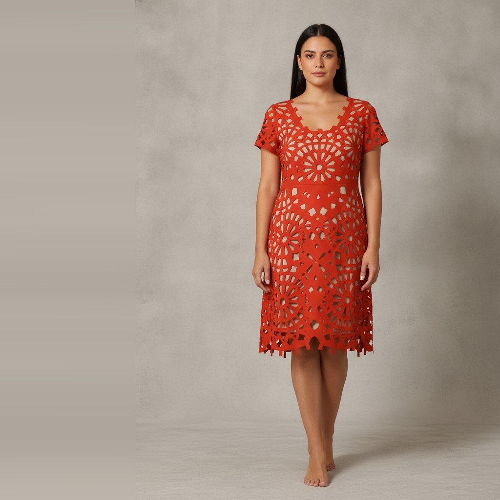 [5020] Vestido Gracia Con manga rojo y beige Calado talle L