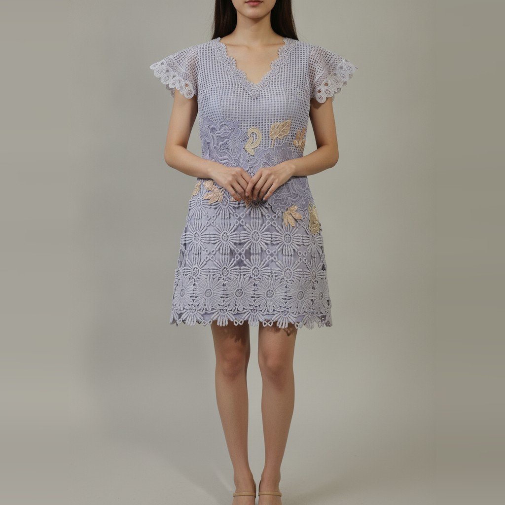 [5032] Vestido Sin marca corto morado y beige Bordado talle 38