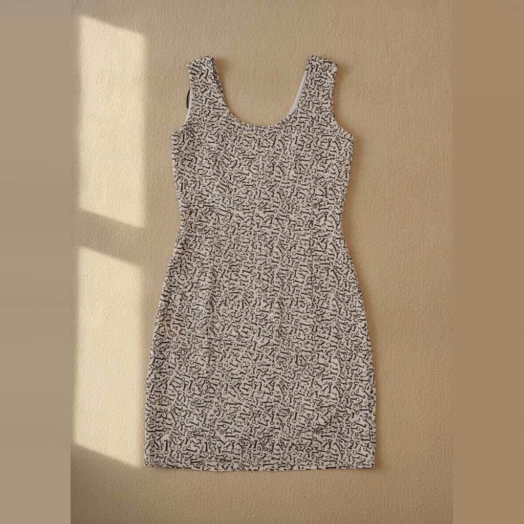 [5034] Vestido Sin marca corto beige y negro con estampado talle P sin manga