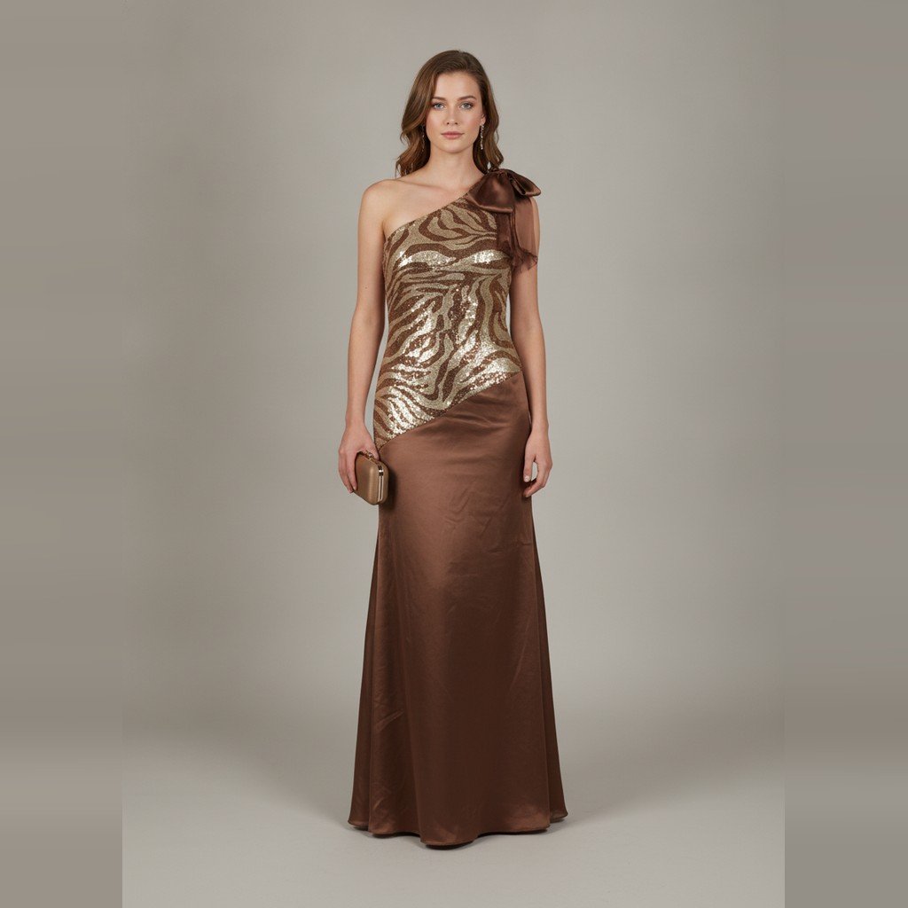 [5040] Vestido Sin marca Largo marrón y beige Con lentejuelas talle M