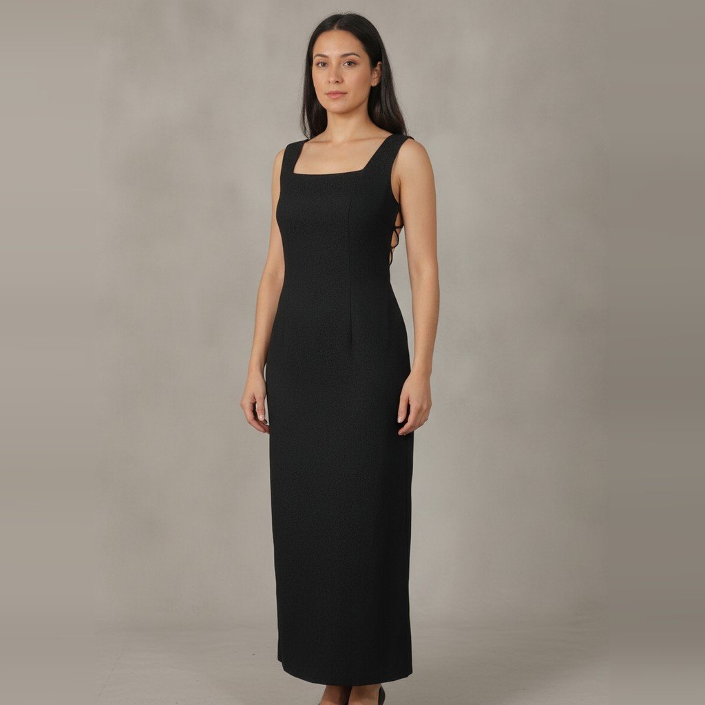 [5073] Vestido Sin marca Largo negro talle P sin manga