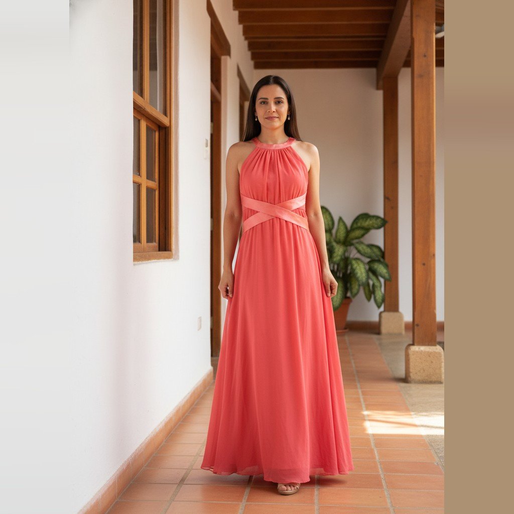 [5076] Vestido Sin marca Larga Salmón Lisa talle p con detalle de cinta