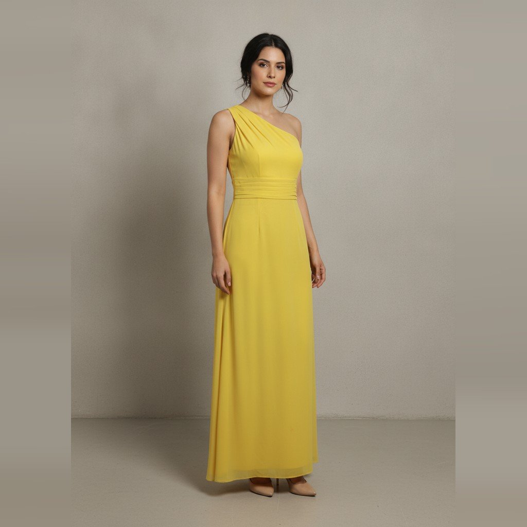 [5077] vestido sin marca largo amarillo liso talle p liso un solo hombro