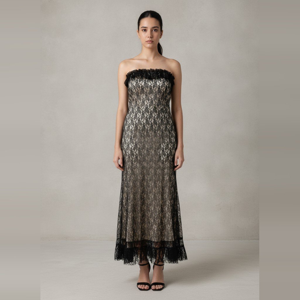 [5125] Vestido Sin marca Largo negro y beige con diseño de encaje talle G sin manga