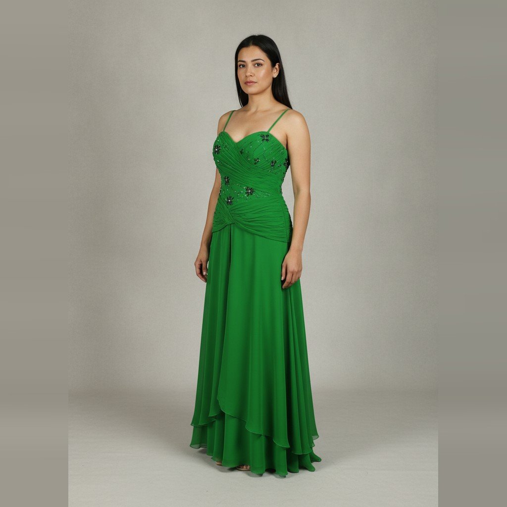 [5126] Vestido Sin marca Largo verde talle P con detalle de perlitas
