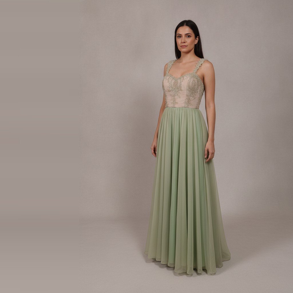 [5127] Vestido Sin marca Largo beige y verde menta con detalle de pedreria talle P