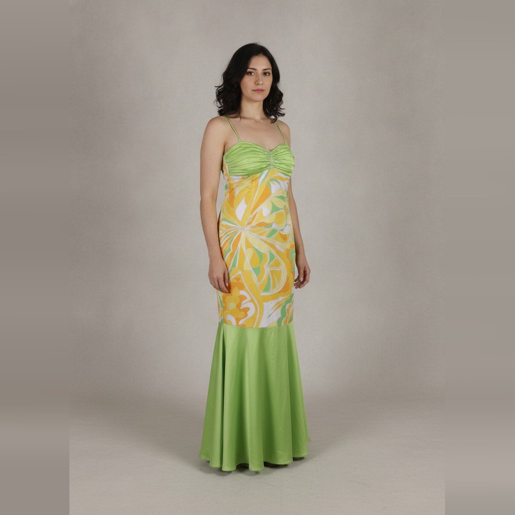 [5128] Vestido Sin marca Largo verde y amarillo Estampado talle p