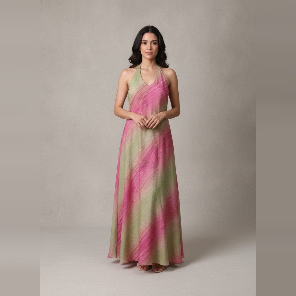 [5129] Vestido Sin marca Largo rosa pastel y verde menta Estampado talle S con tirantes