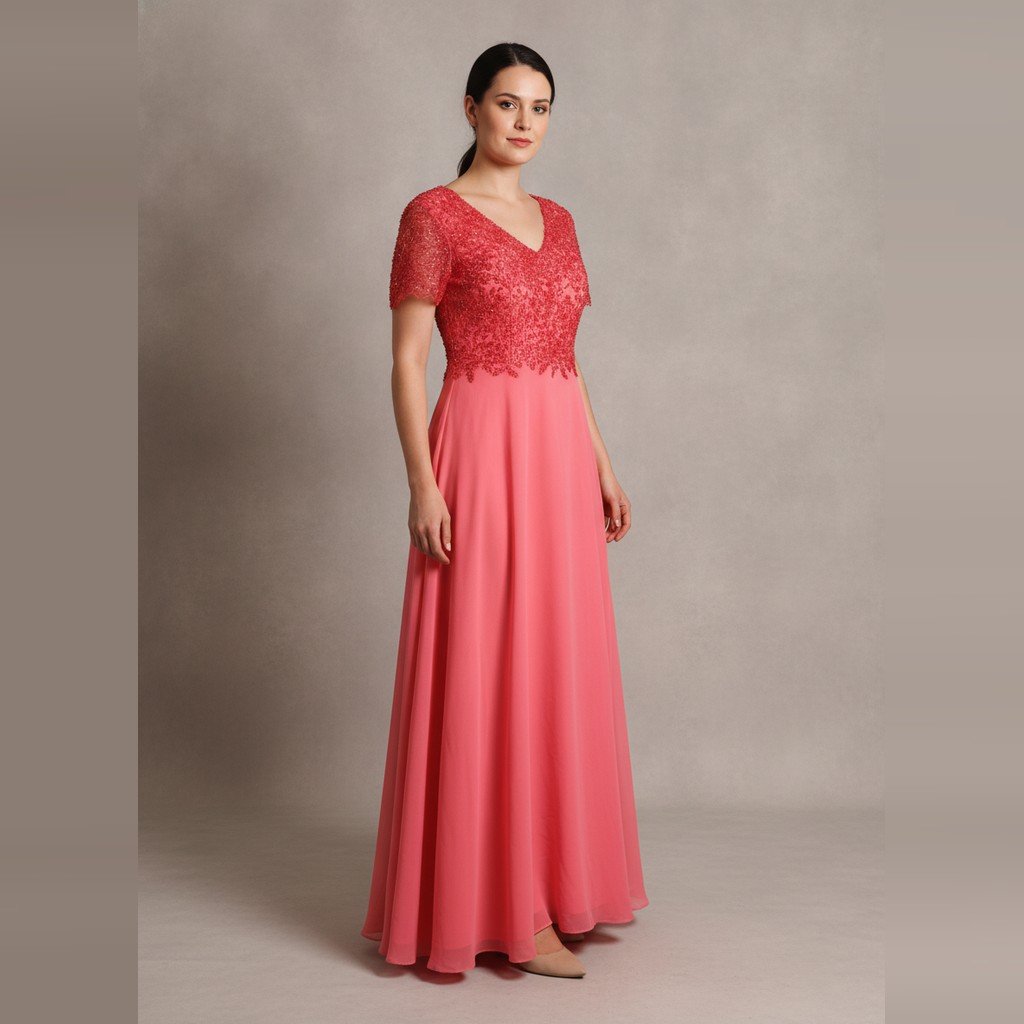 [5131] Vestido Sin marca Largo Salmón con pedreria brillantes talle GG manga corta