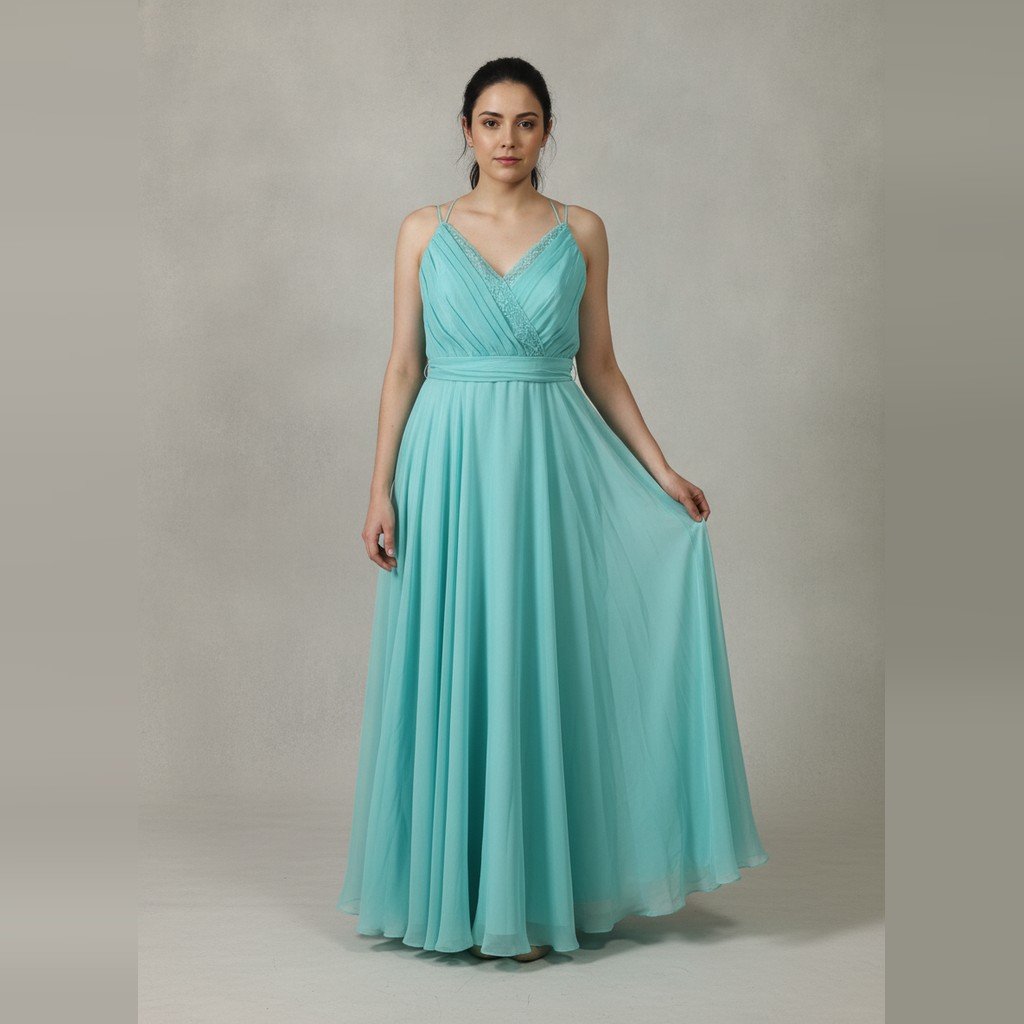 [5132] Vestido Sin marca Largo celeste escote cruzado talle GG