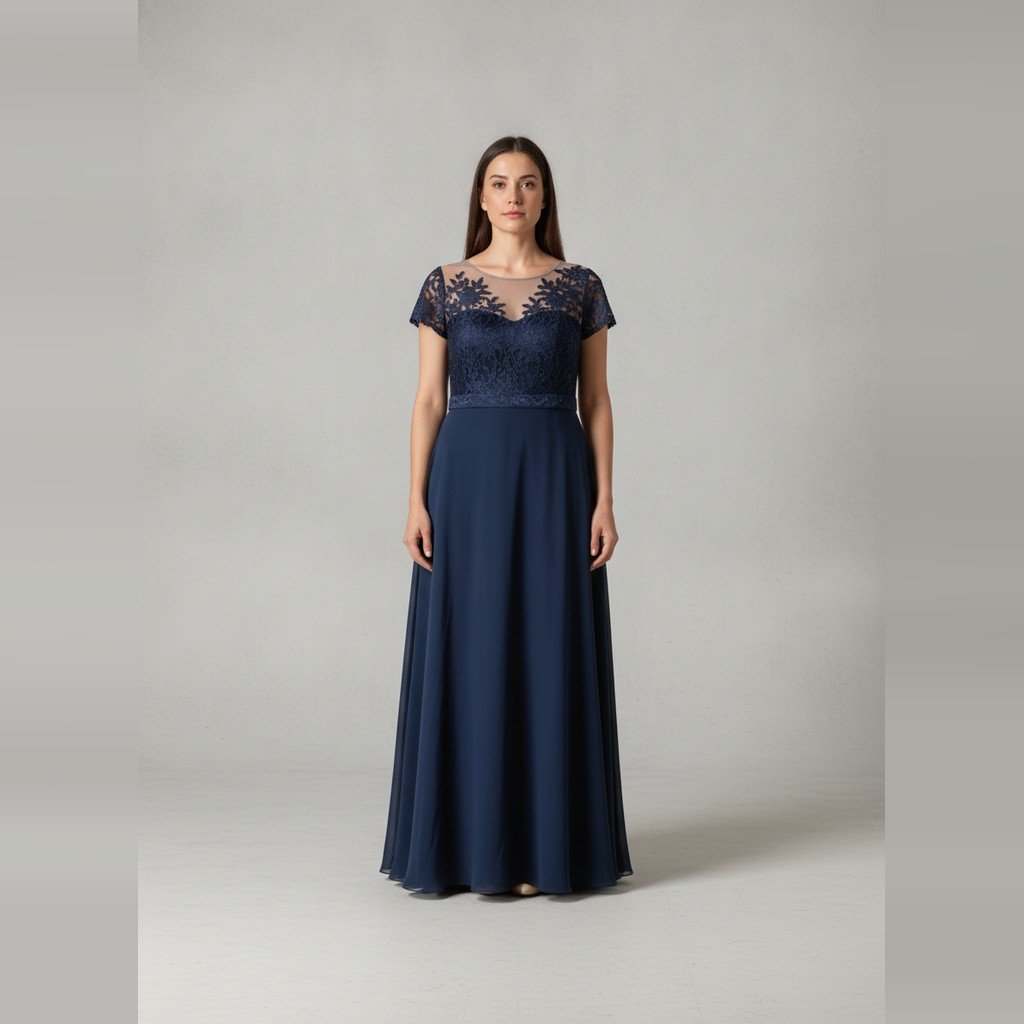 [5134] Vestido Sin marca Largo azul marino y beige con diseño de bordado con detalle en el cierre