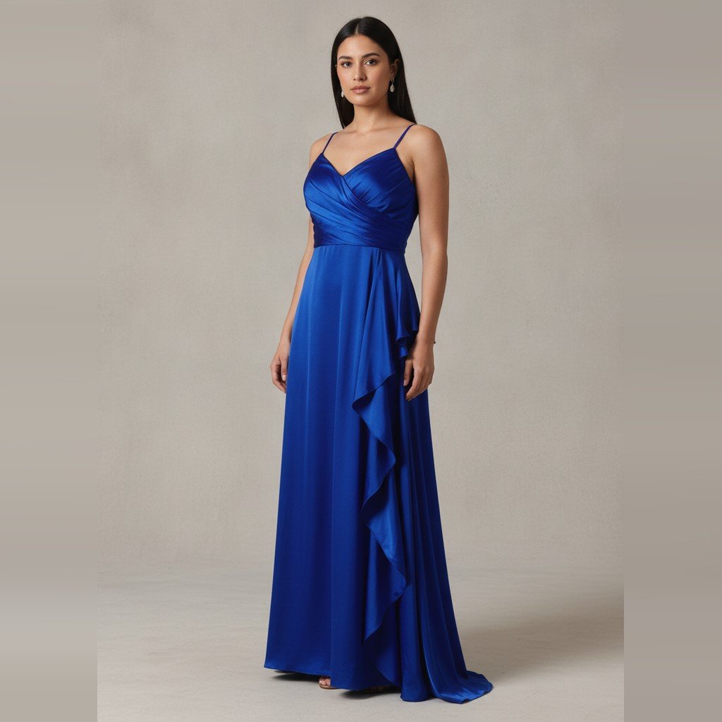 [5135] Vestido DJ-JAZ Largo azul francia con bolados talle P con detalle de manchitas