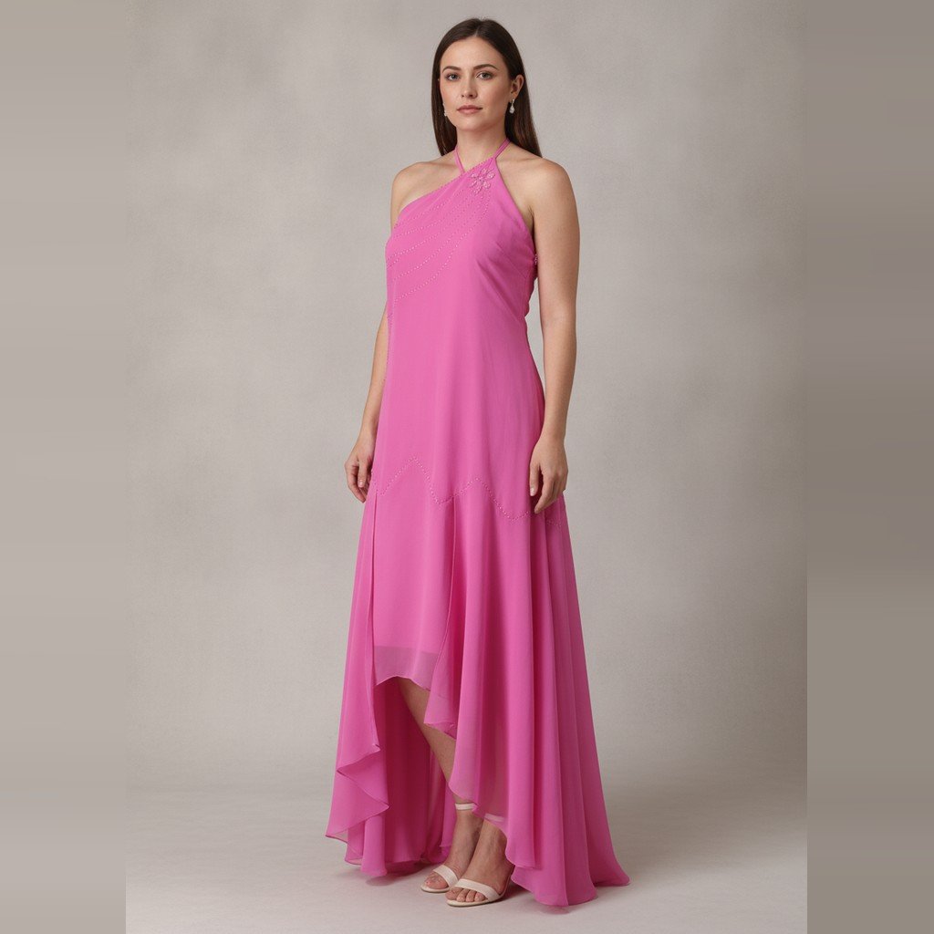 [5136] Vestido Sin marca Largo rosa con detalle de pedreria talle M con tirantes