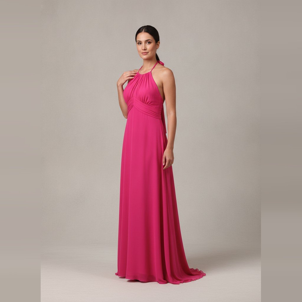 [5158] Vestido Sin marca Largo rosa Liso talle M sin manga con tirantes y lazo