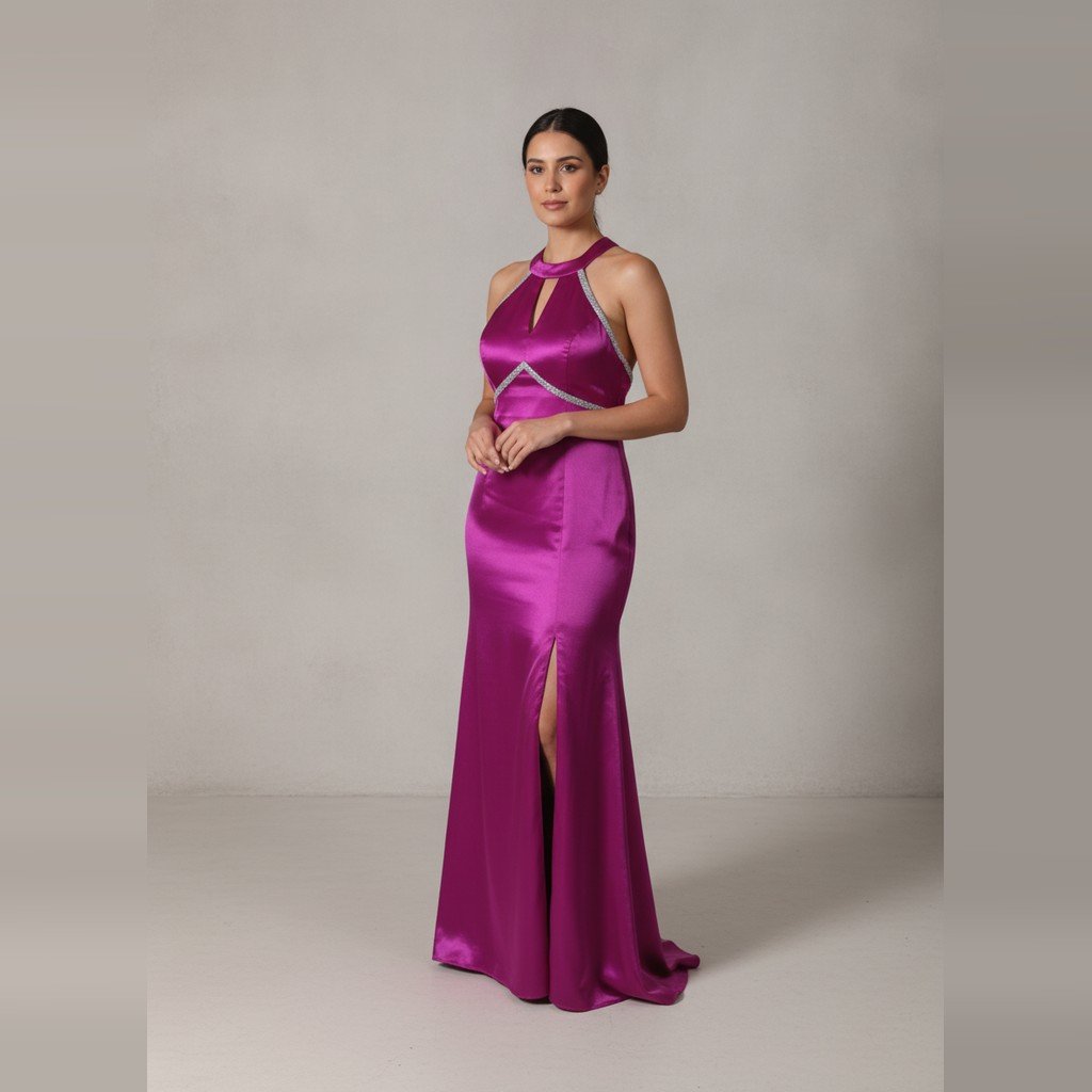 [5159] Vestido Sin marca Largo morado y plateado con brillos talle M cuello redondo