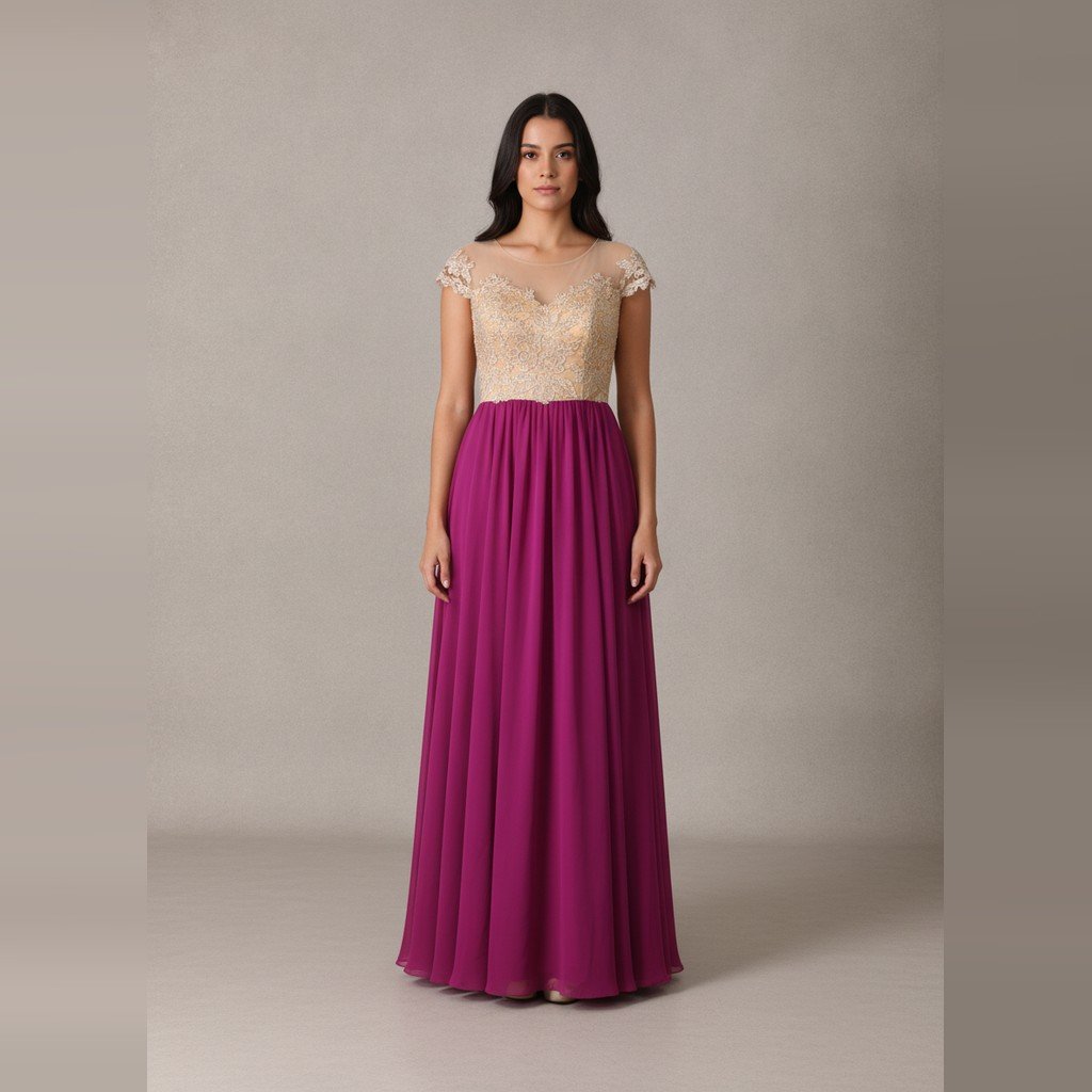 [5160] Vestido Sin marca Largo beige y morado con detalle de encaje talle P con detalle de bordado