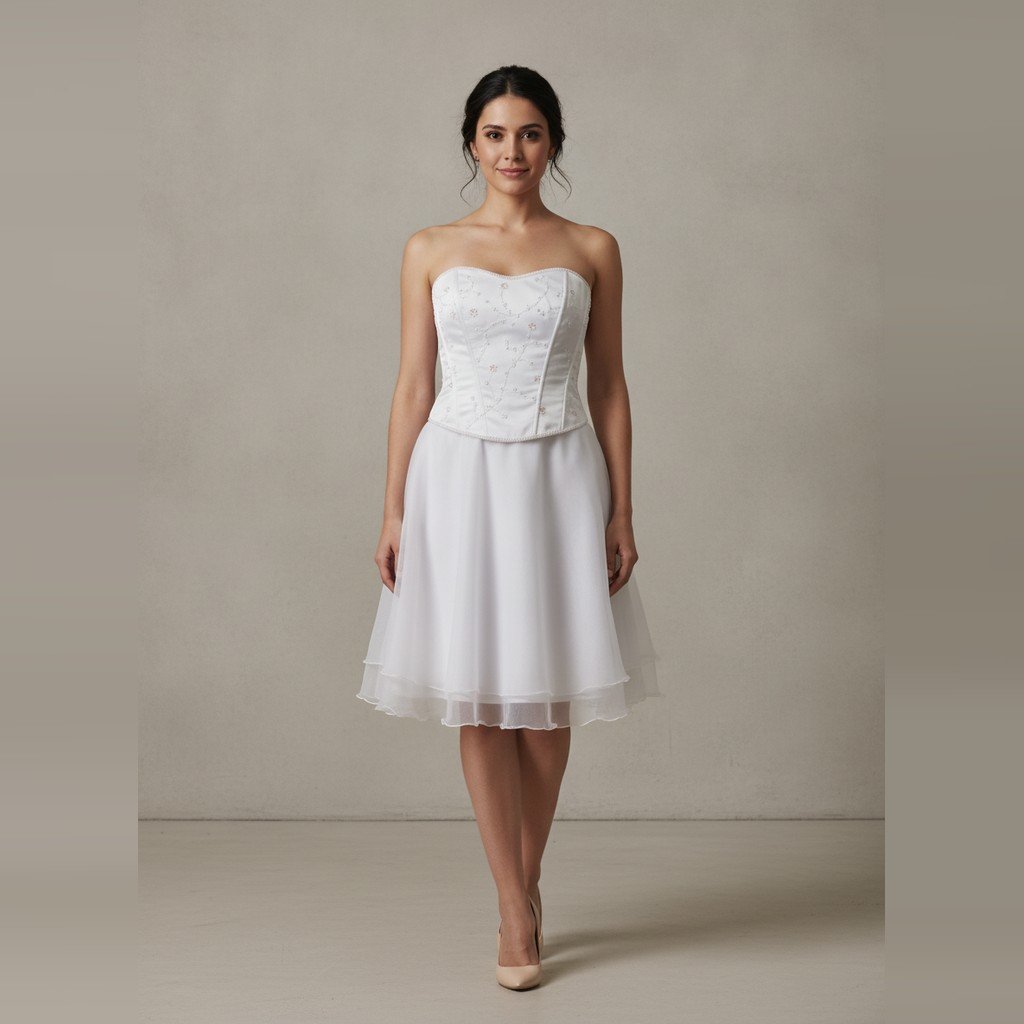 [5141] Conjunto Sin marca Sin manga blanco corset+pollera talle P con pedreria