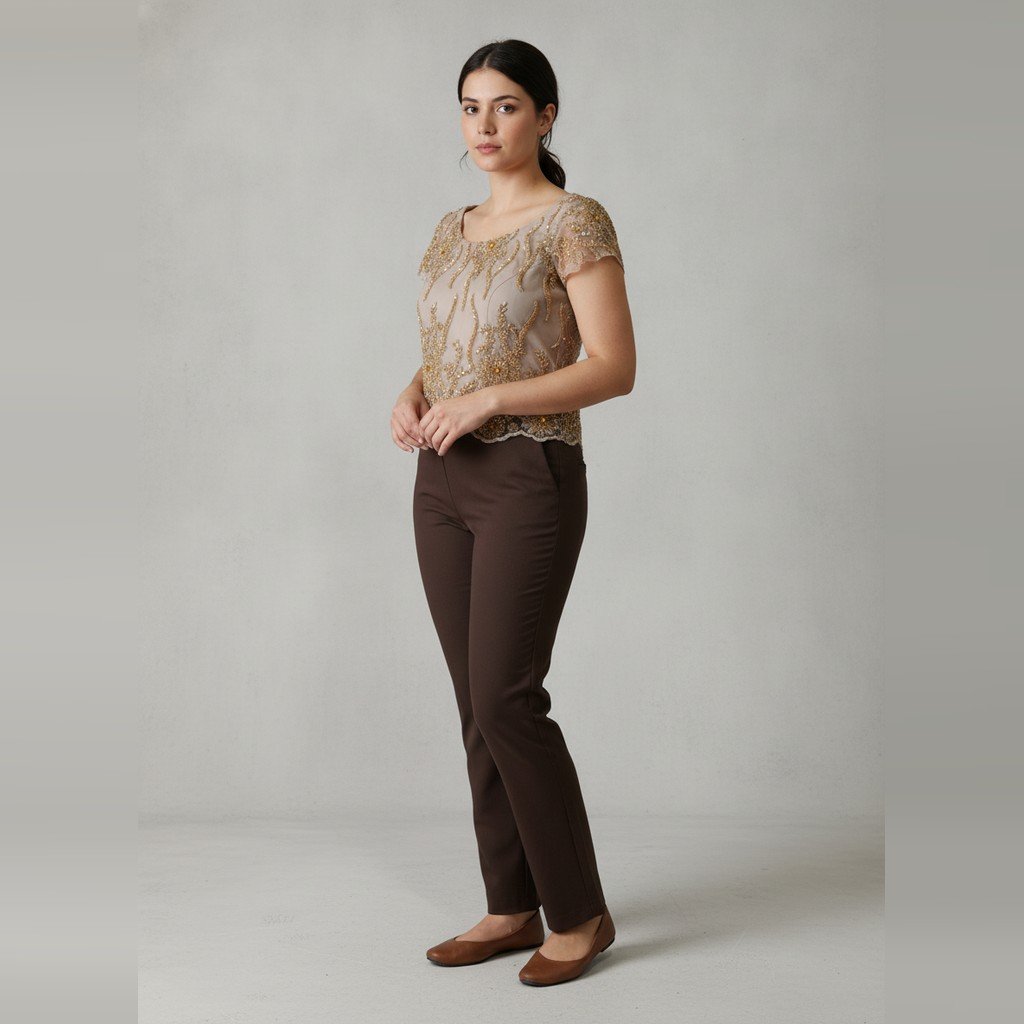 [5143] Blusa Sin marca manga corta marrón y beige con pedreria brillantes talle P