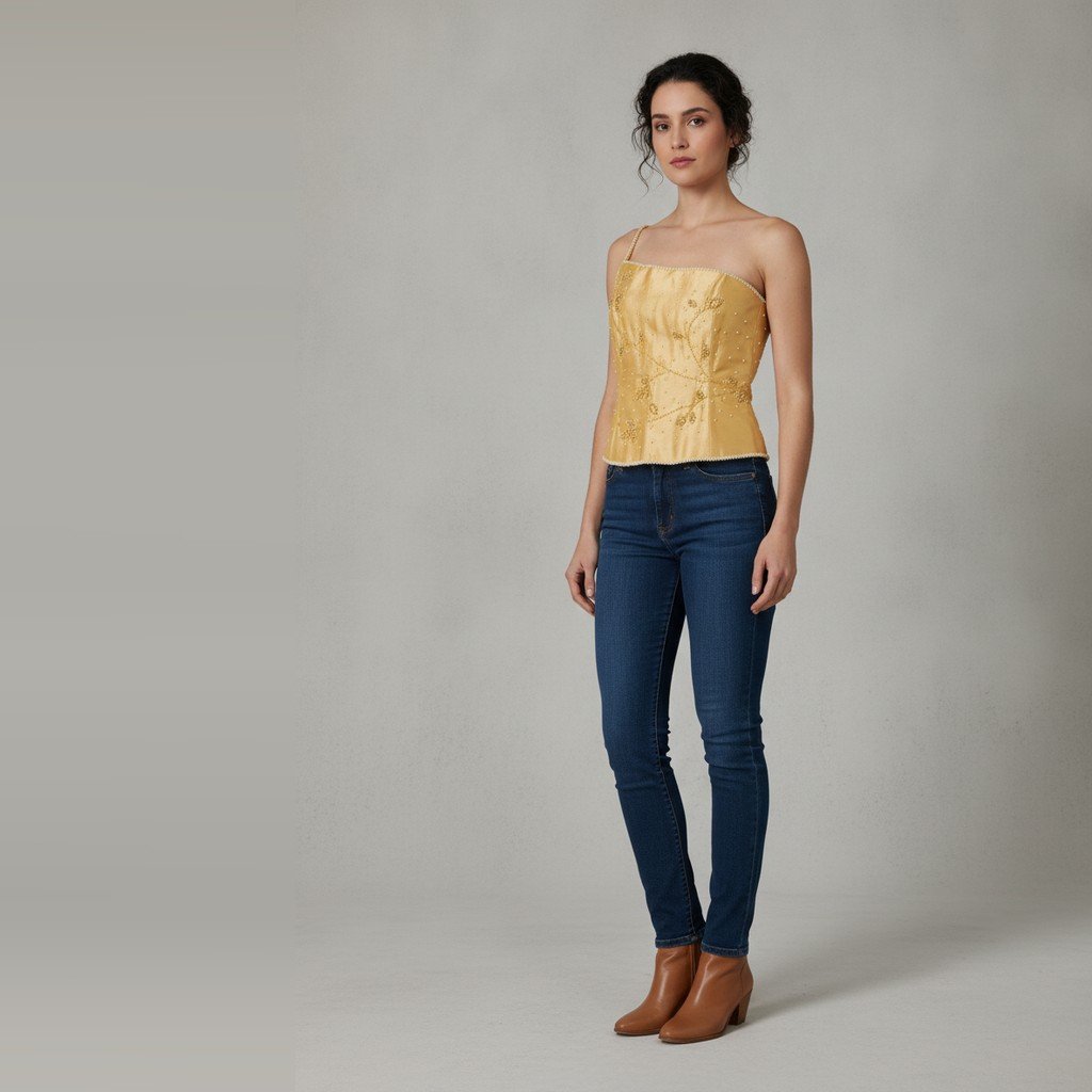 [5144] corset Sin marca Sin manga amarillo con detalle de pedreria talle P con cierre