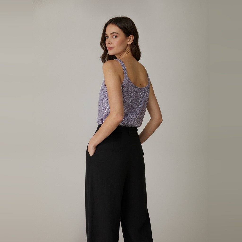 [5145] Blusa Sin marca Sin manga morado y plateado con brillos talle M