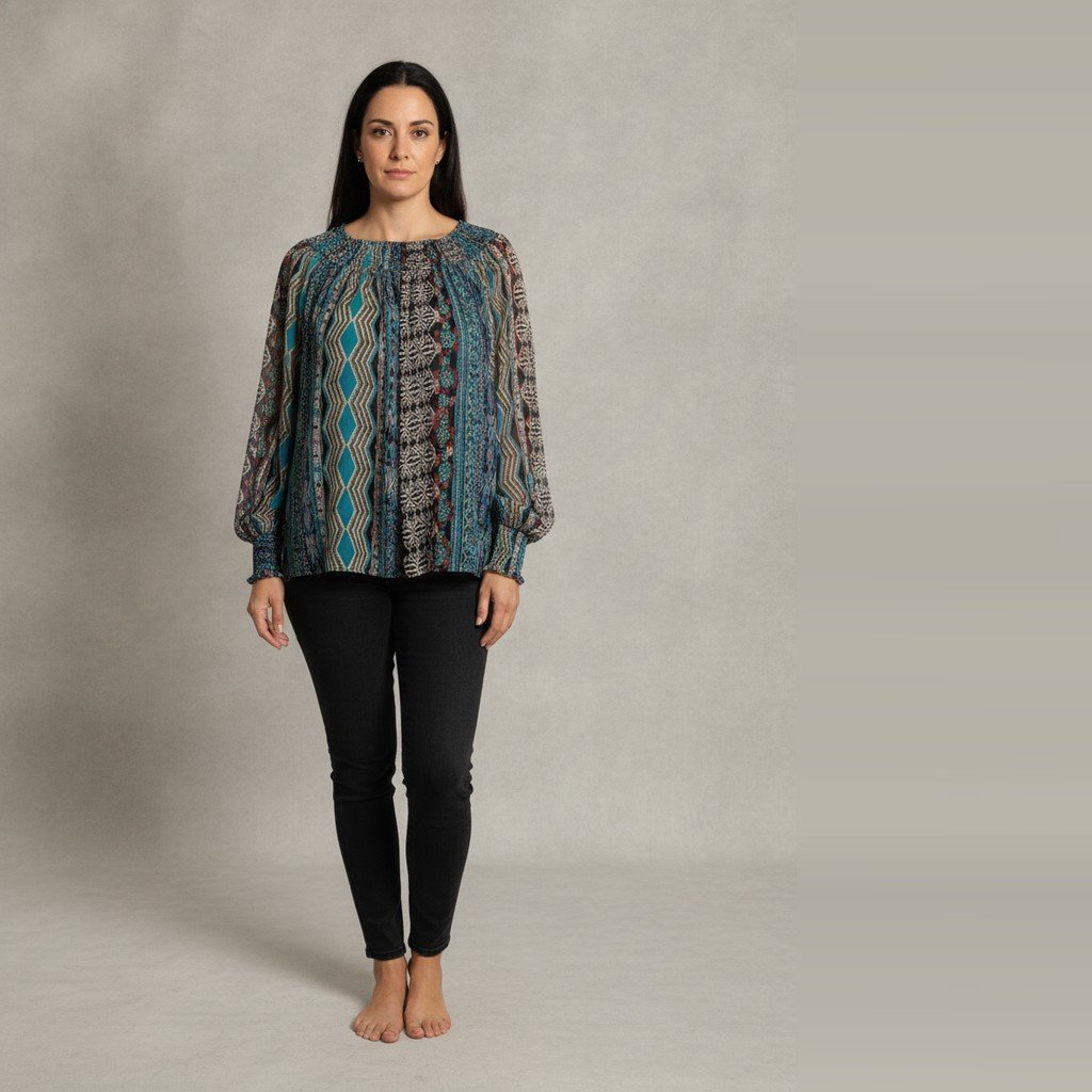 [5147] Blusa Sin marca manga larga Multicolor con estampado talle L con detalle de goma en la perchera