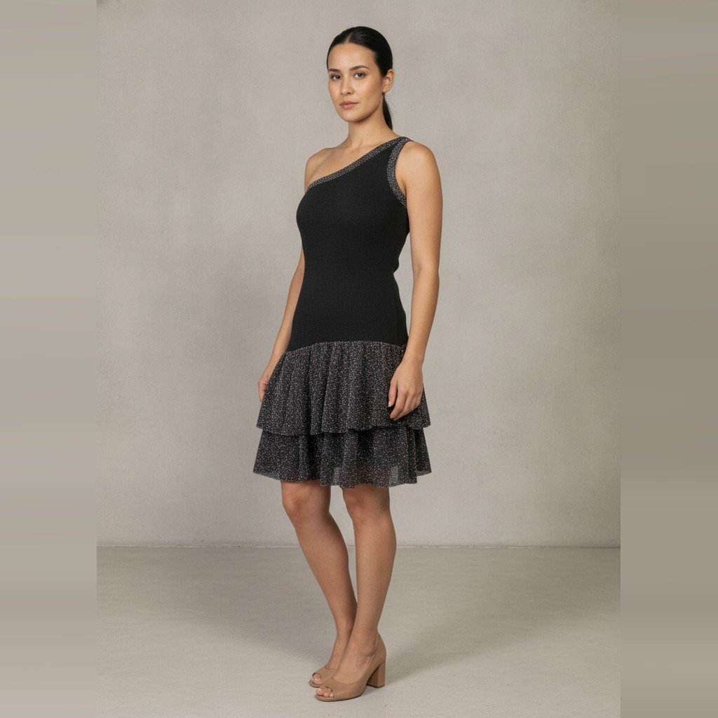 [5150] Vestido Sin marca Largo negro y plateado con bolados talle M un hombro