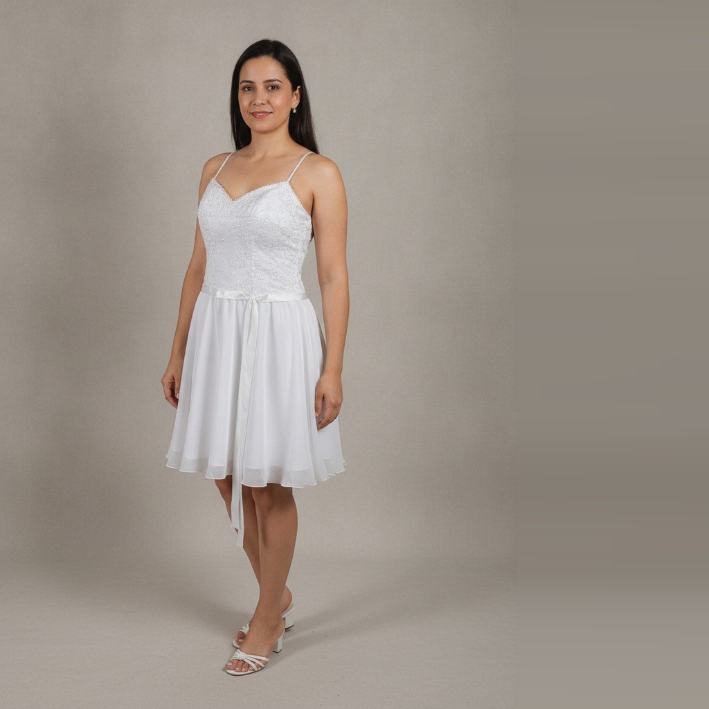 [5152] Vestido Sin marca corto blanco con detalle de pedreria talle P con tirantes