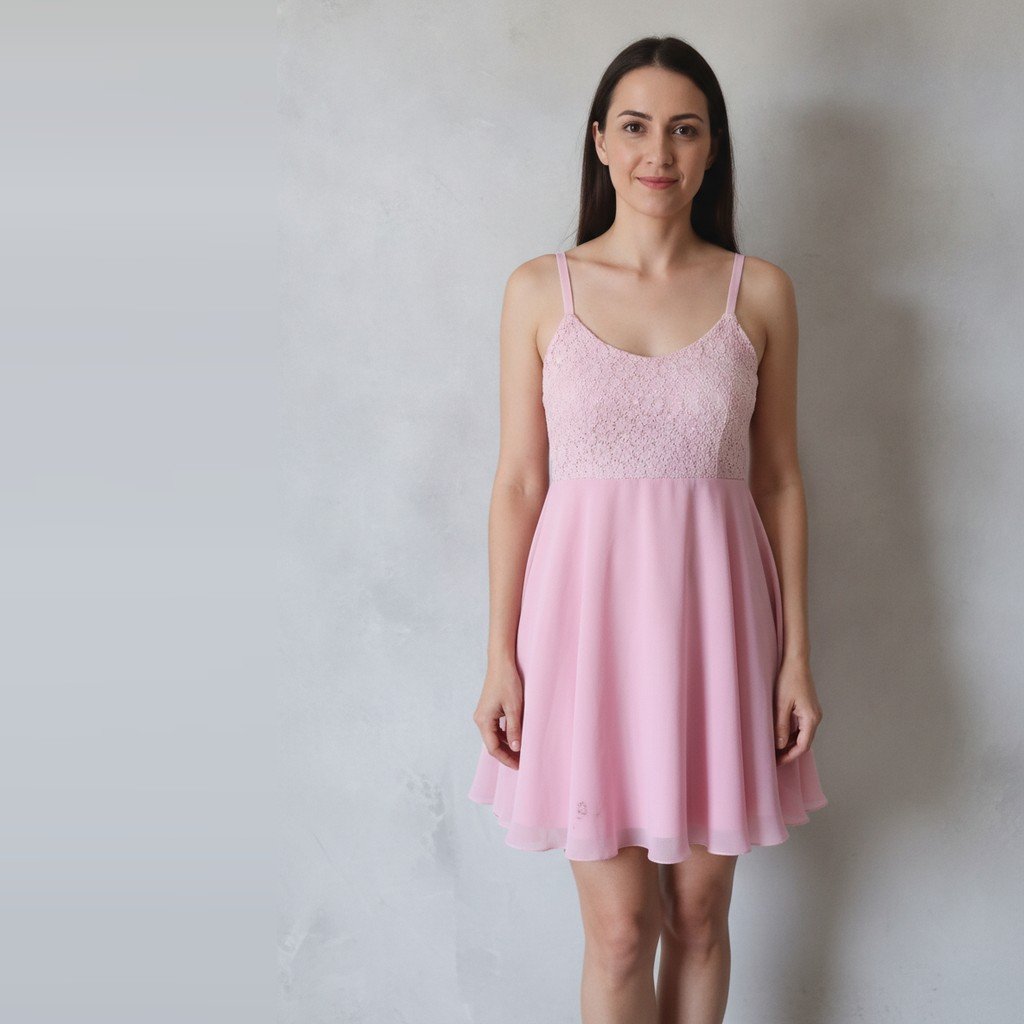[5162] Vestido Sin marca corto rosa pastel y rosa sin manga talle P con detalle de manchitas