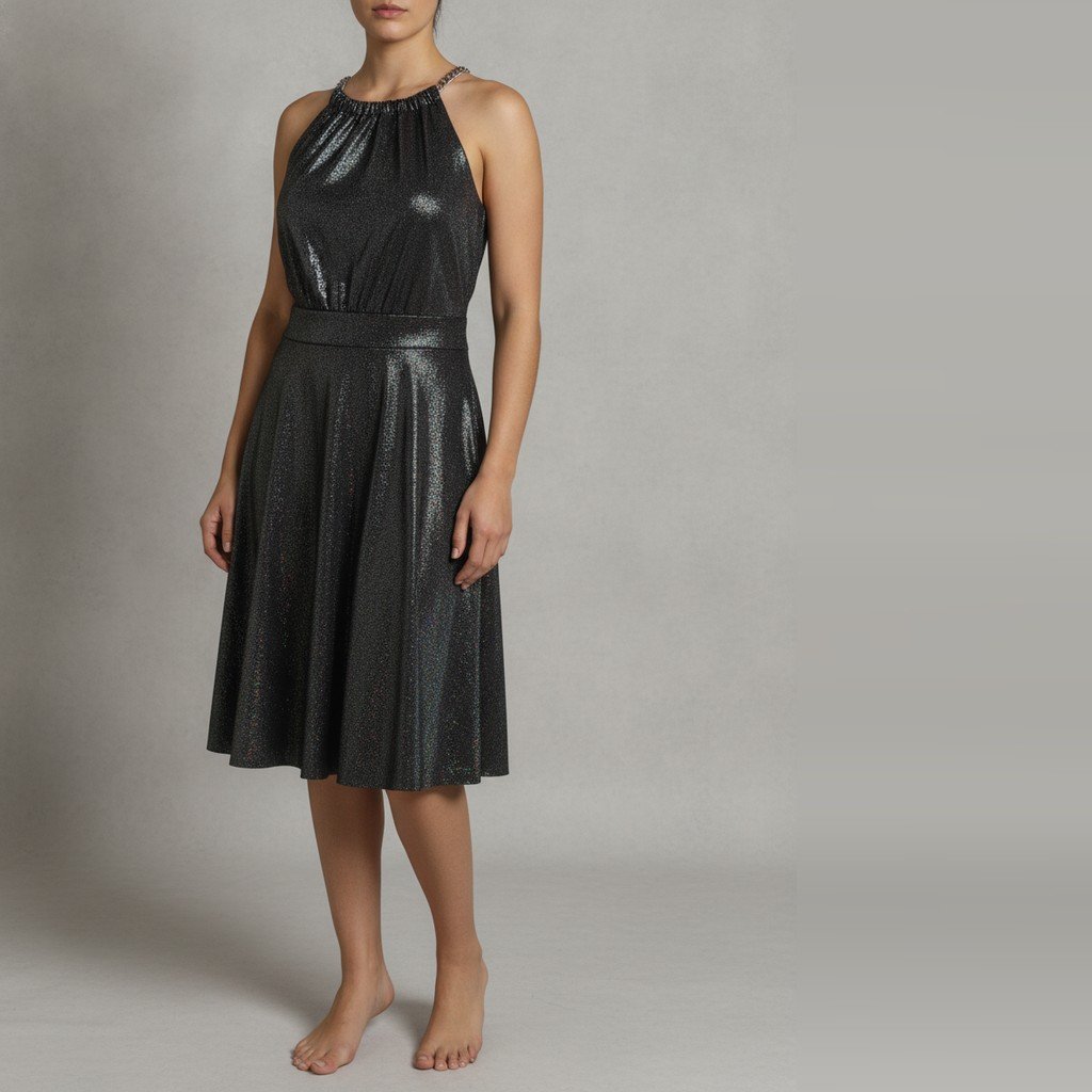[5164] Vestido Sin marca sin manga negro y plateado sin manga talle p con detalle de cadena en la espalda