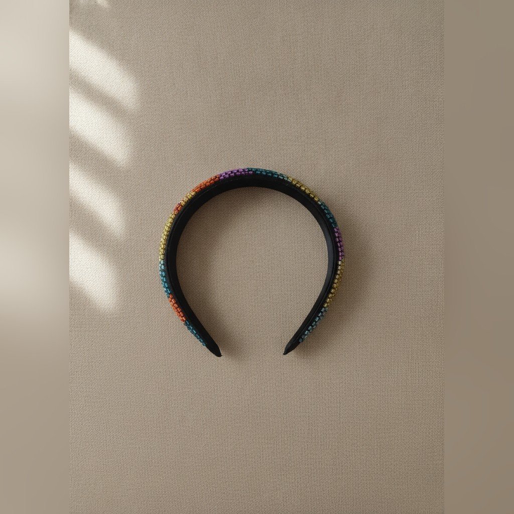 [5187] Accesorio negro y con perlitas multicolor vincha 